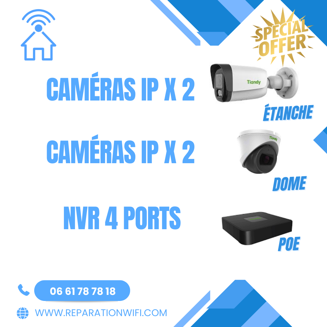 Pack de Vidéosurveillance Tiandy – 4 Caméras IP + NVR + Disque Dur